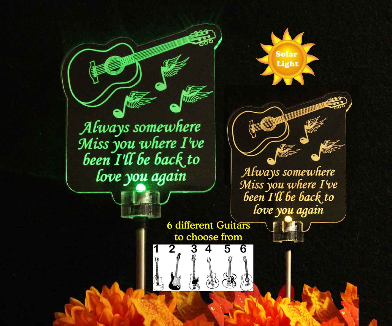 Personalized Sympathy Gift, Solar Grave Marker with Guitar Garden light
