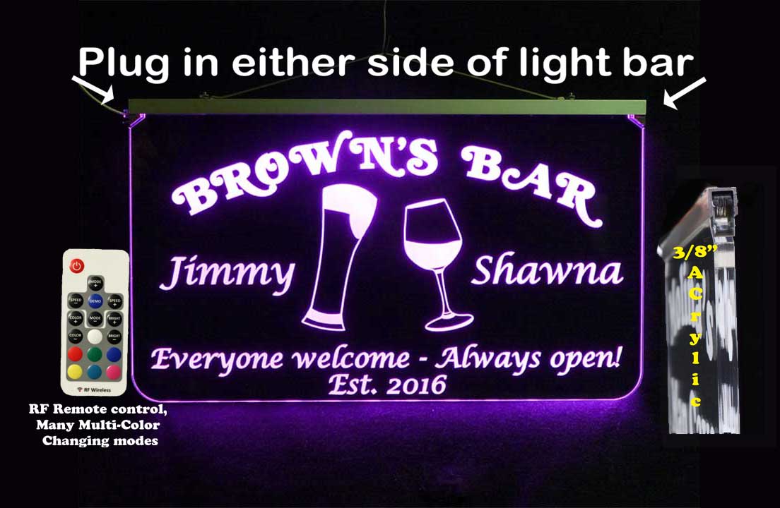 Personalized Bar Sign, Man Cave Sign, Beer, Wine Glass,  LED Sign, Wedding Sign