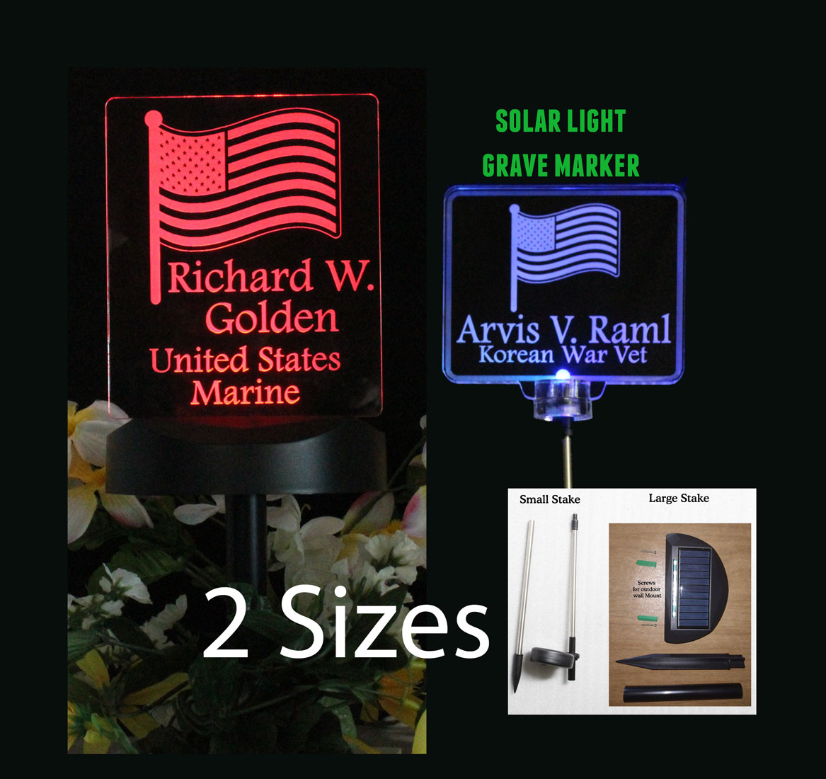 Personalized American Flag Solar Light, Grave Marker, Garden Light, Memorial gift