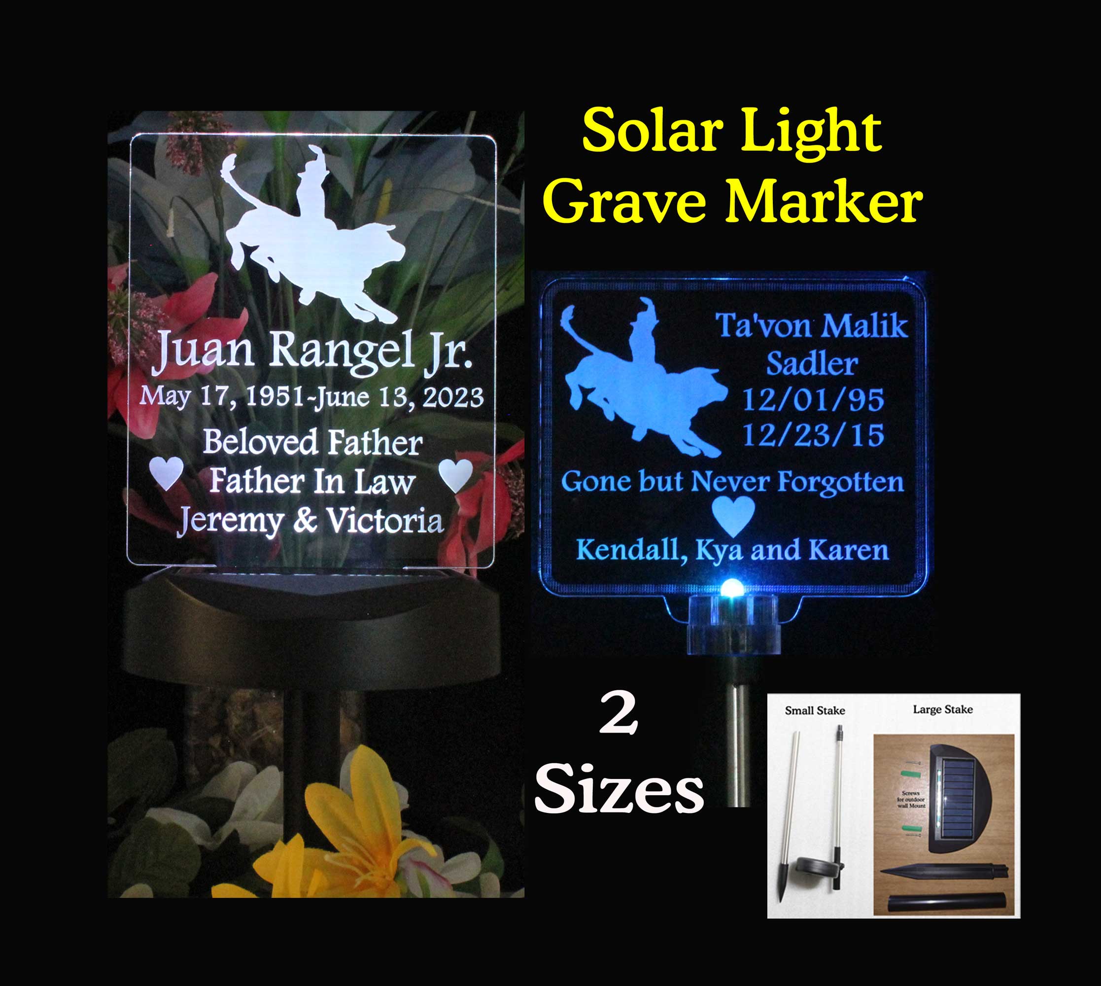 Personalized Bull Rider Solar Light, Grave Marker, Garden Light, Memorial Plaque