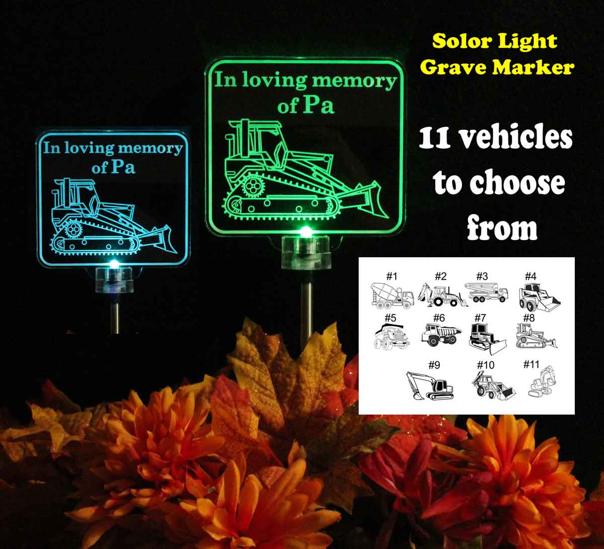 Personalized Bulldozer Grave Marker Solar Light, Garden Light, Memorial light