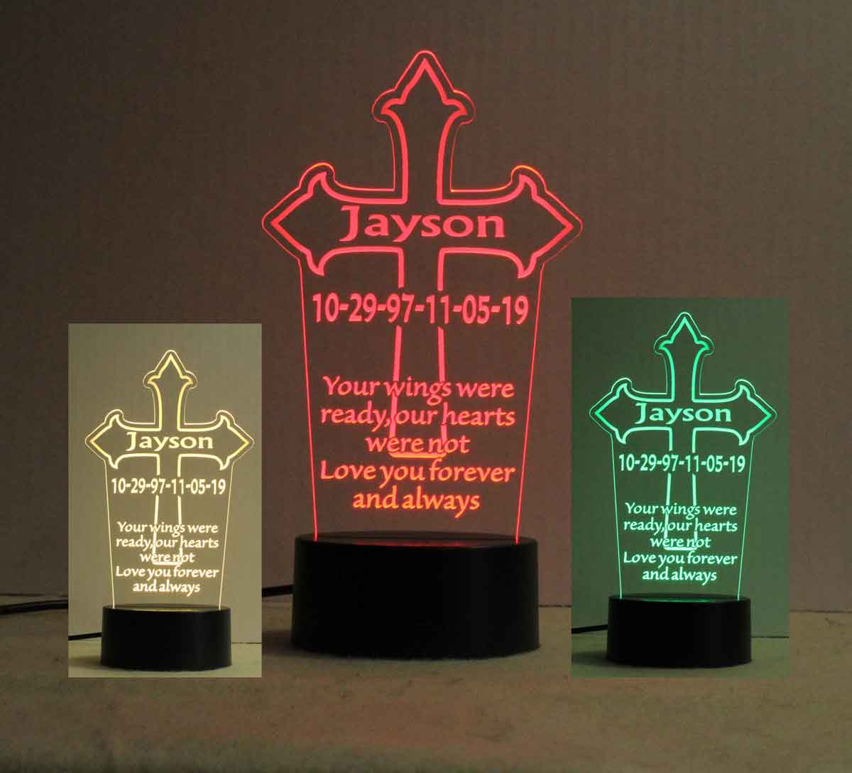 Personalized Engraved Christian Cross Memorial  Night Light - USB - 110V - Battery