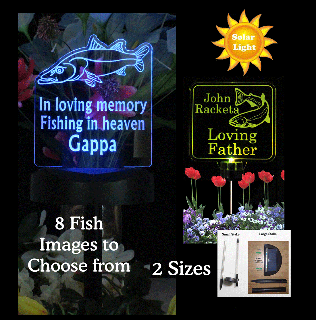 Personalized Trout Fish Solar Light, Grave Marker, Garden Light, memorial light