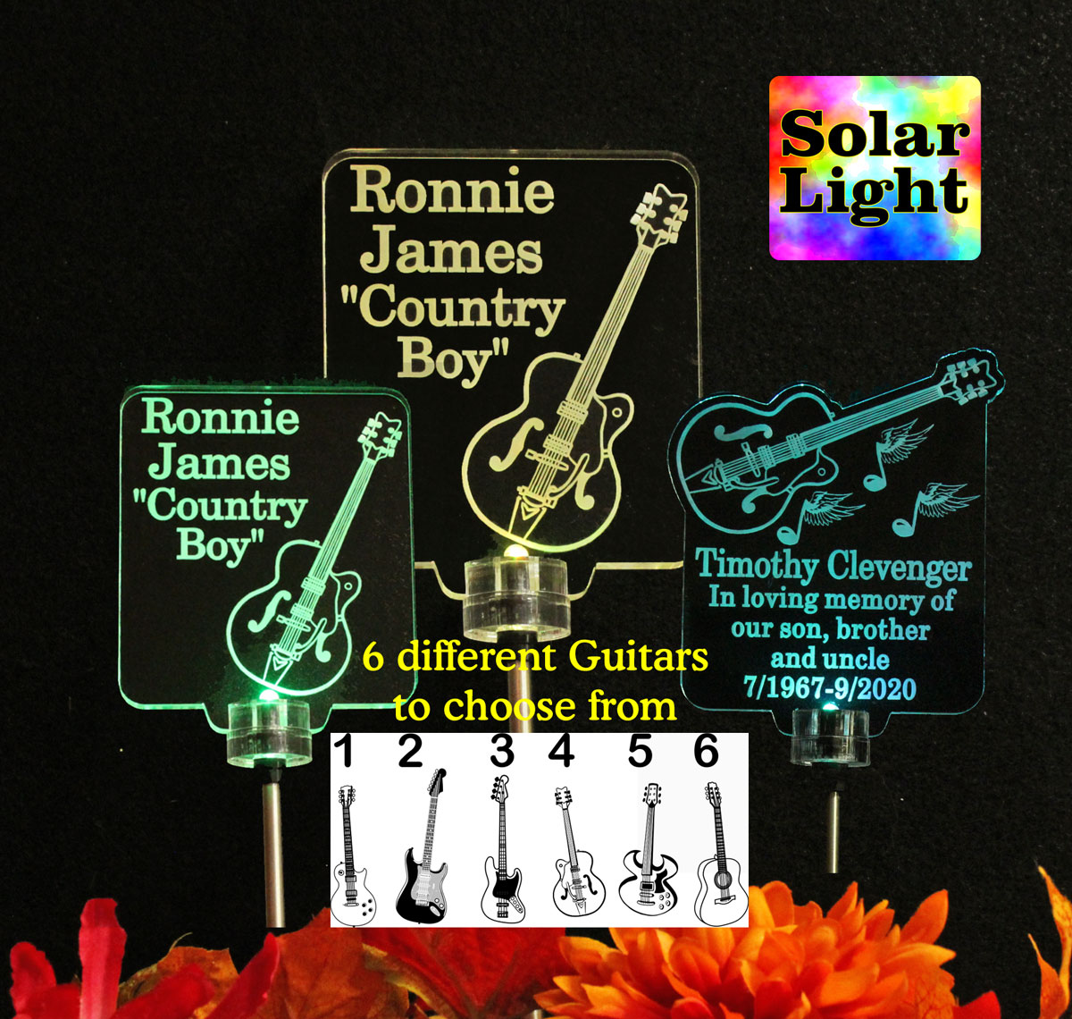 Grave Marker, Personalized Guitar Solar Light, Custom Garden light