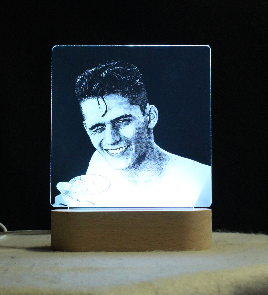 Photograph Laser etched in acrylic, Personalized Table top USB night light
