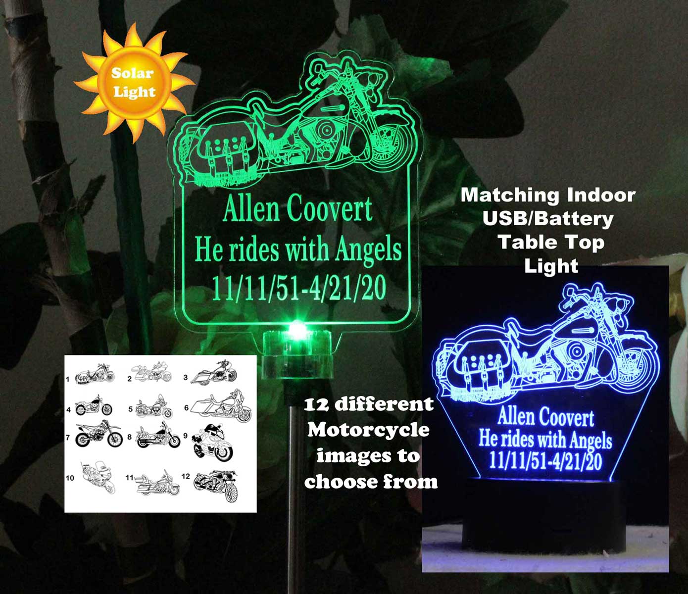 Personalized Motorcycle Solar Light Garden light, Grave Marker, memorial plaque