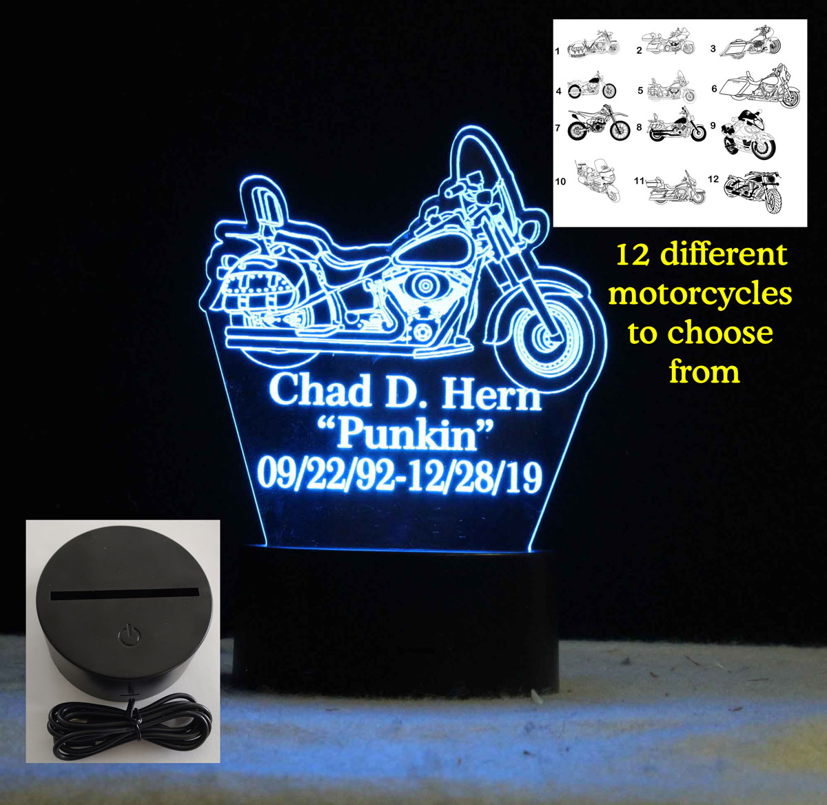 Personalized Motorcycle night light, Tabe top Memorial Plaque
