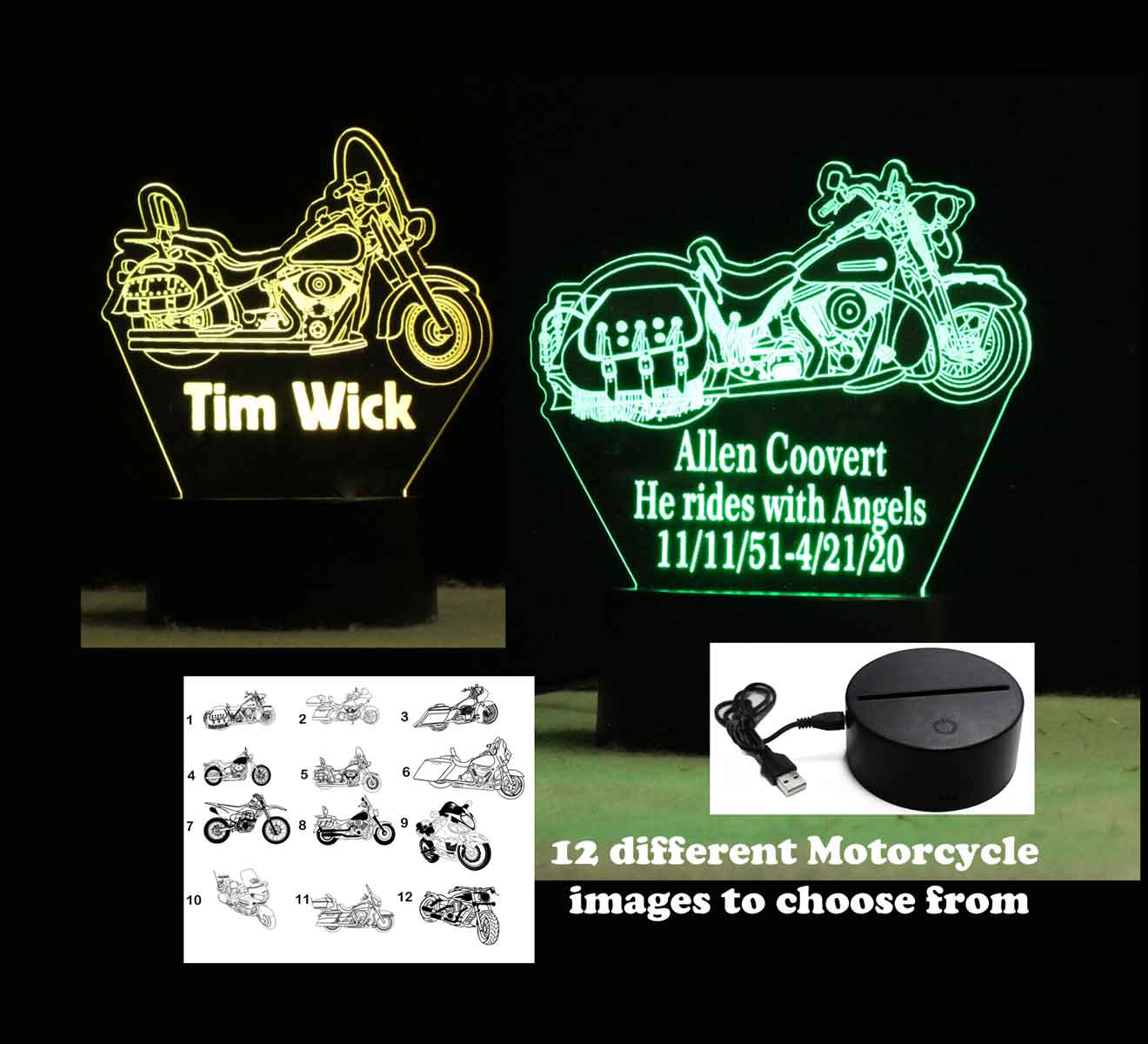 Motorcycle night light Personalized USB/110V/240V battery operated