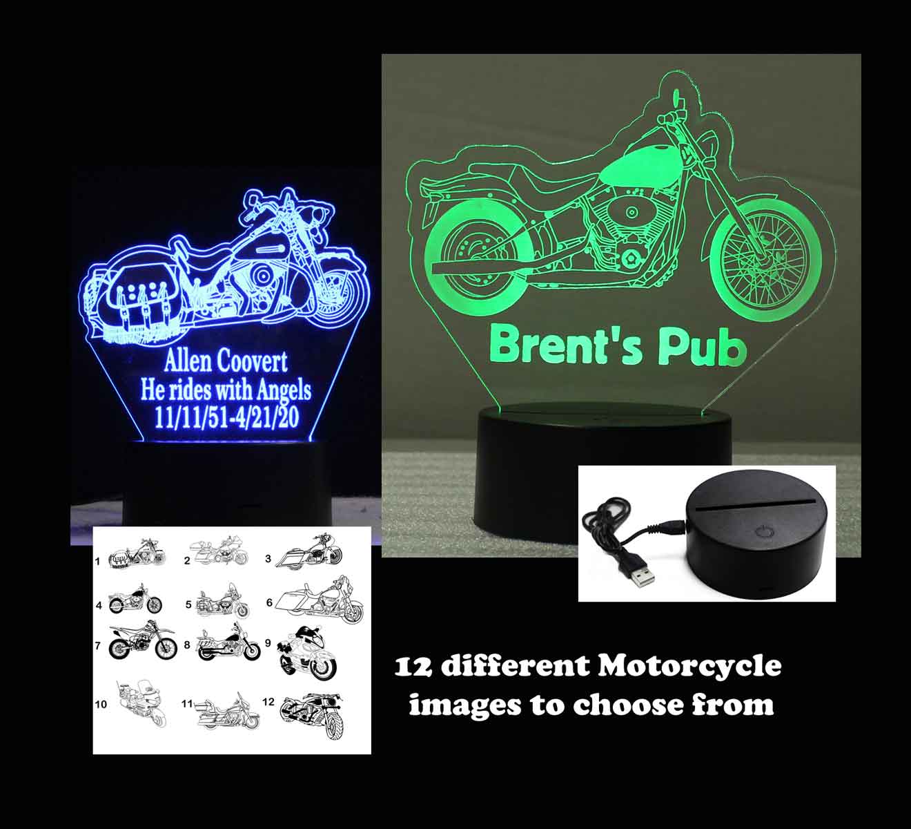 Personalized Motorcycle night light, table top USB/110V/240V battery operated