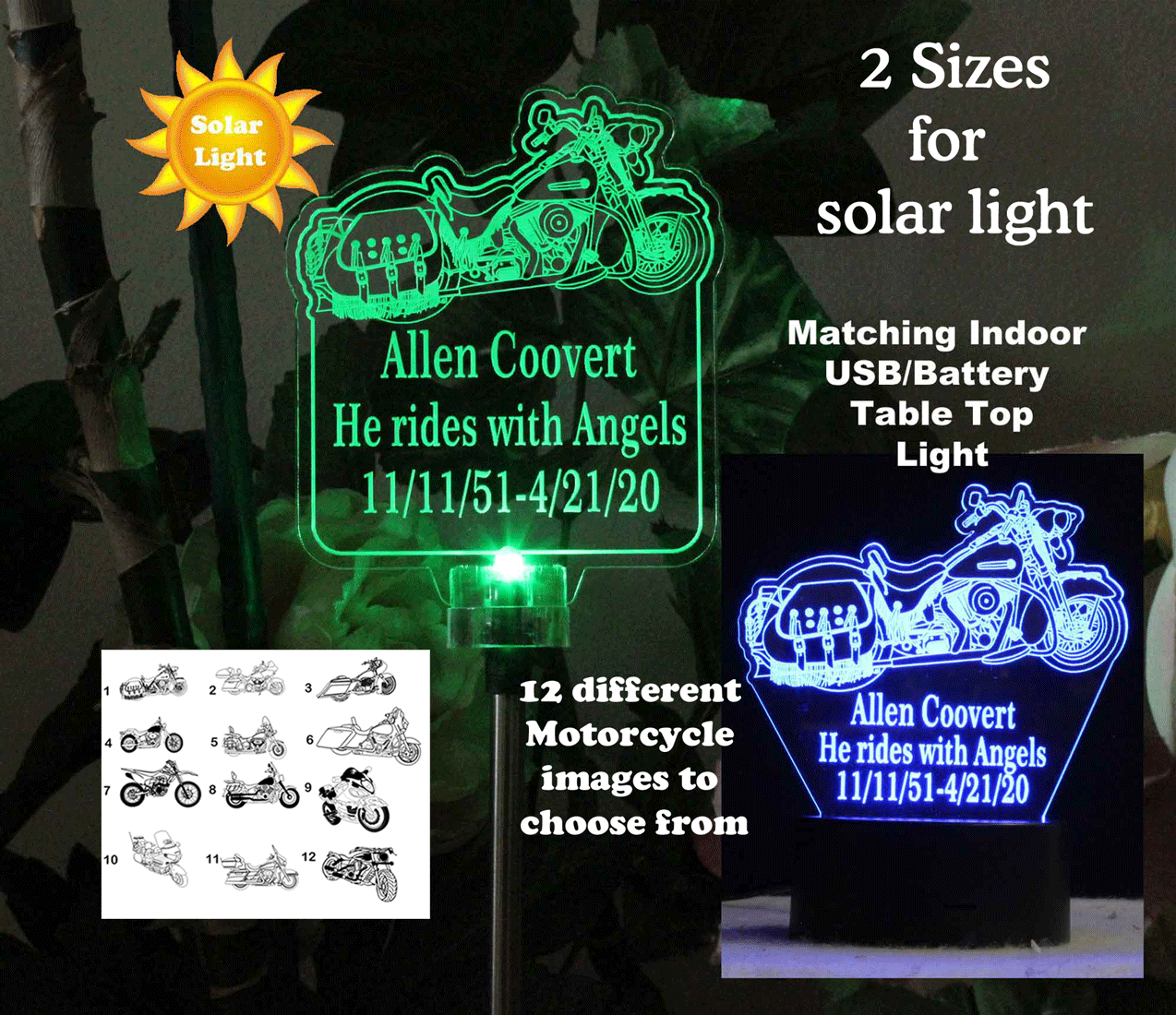Personalized Harley motorcycle Solar Light Garden light, Grave Marker