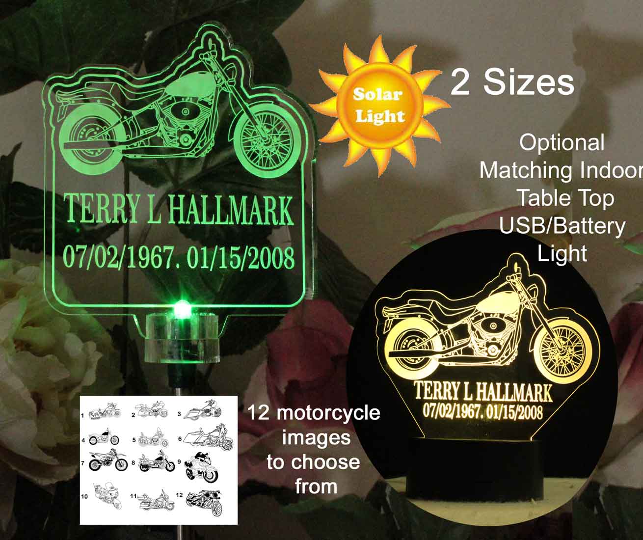 Personalized Harley motorcycle Solar Lihgt Garden light, Grave Marker