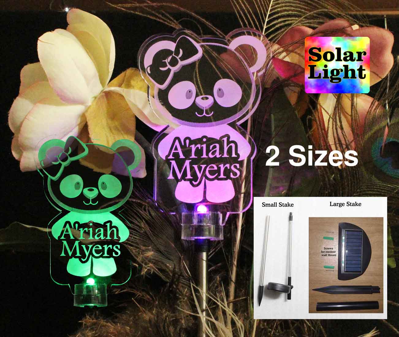 Personalized Panda Bear solar light, Grave marker, Garden Light, Solar Marker