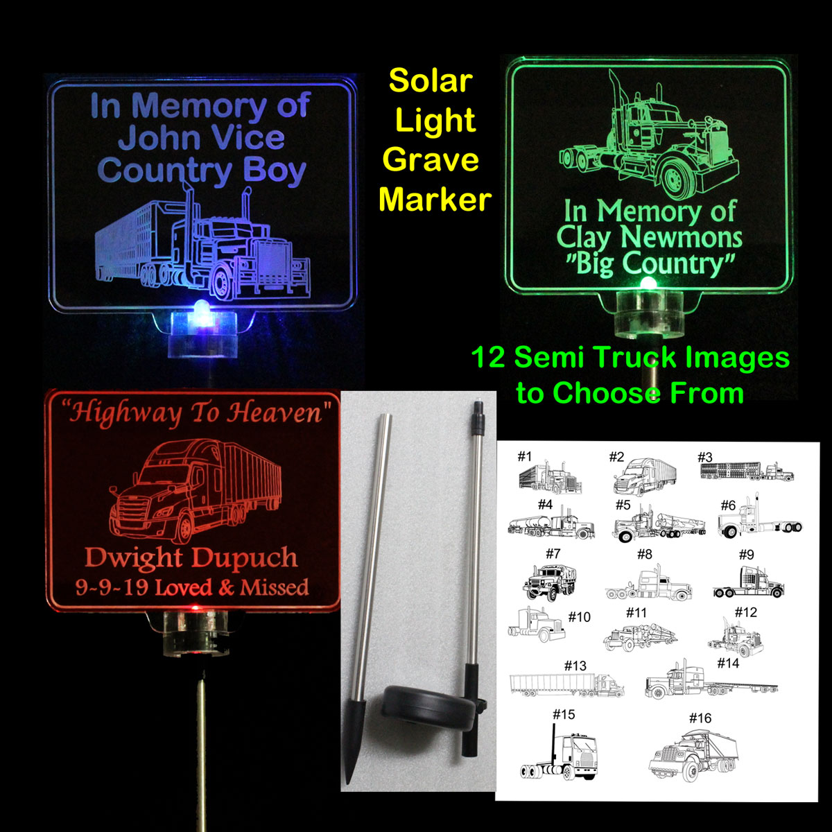 Personalized Grave Marker, Semi Truck Solar Light, Garden Light Memorial Plaque