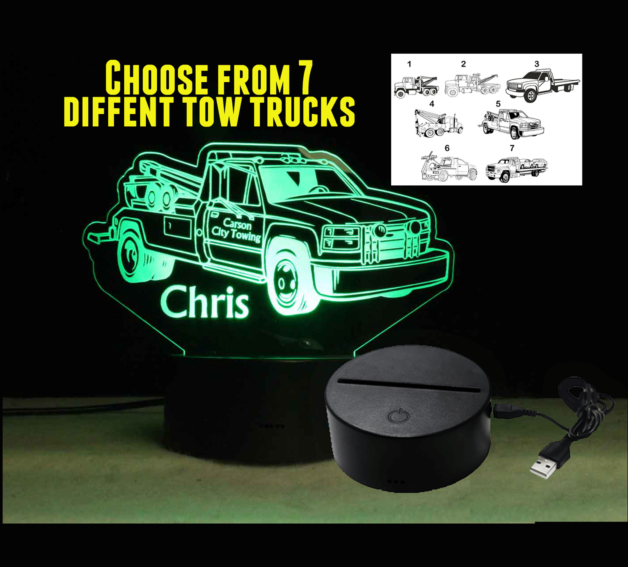 Personalized Table Top Tow Truck night light
