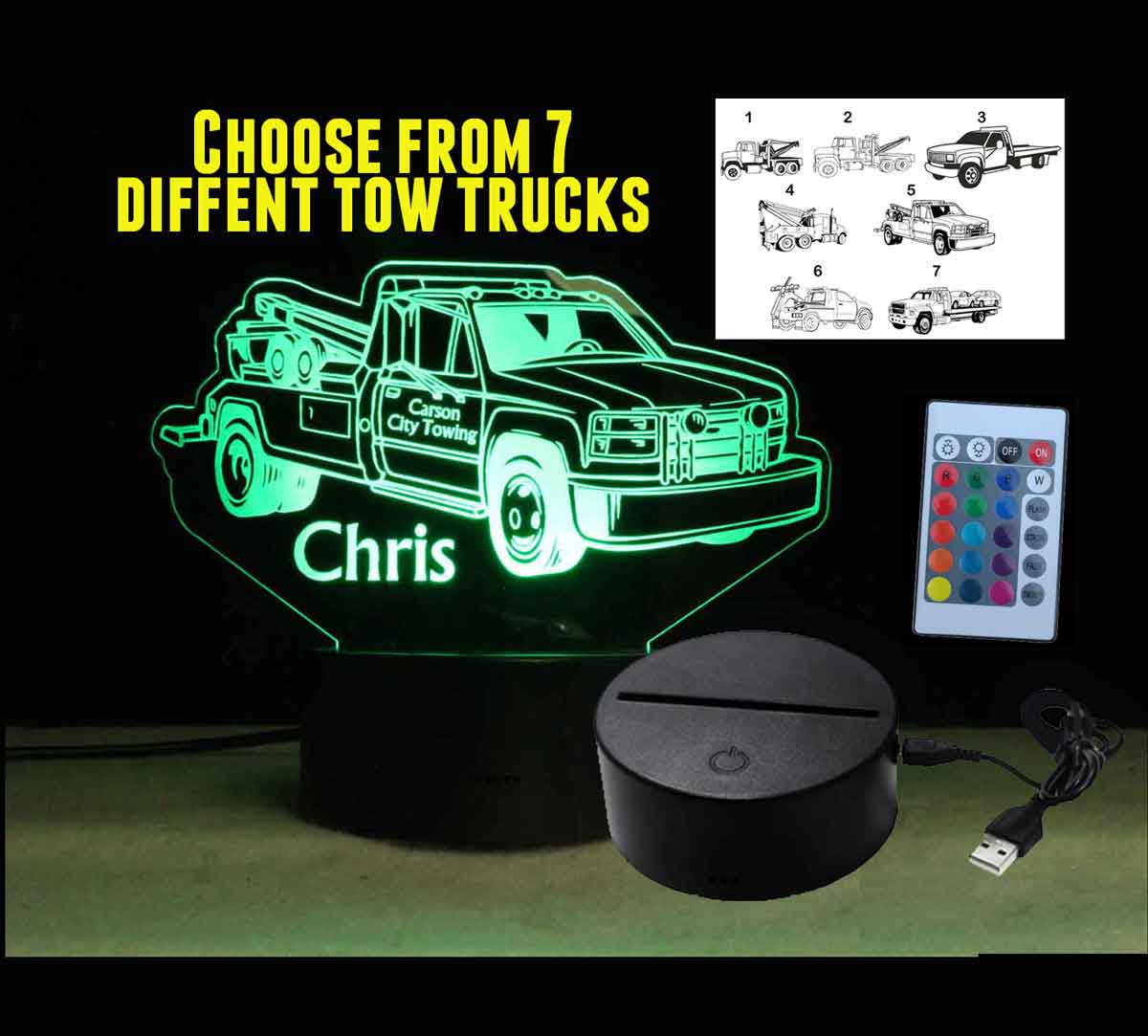 Personalized Tow Truck night light, Sympathy Gift USB/Battery