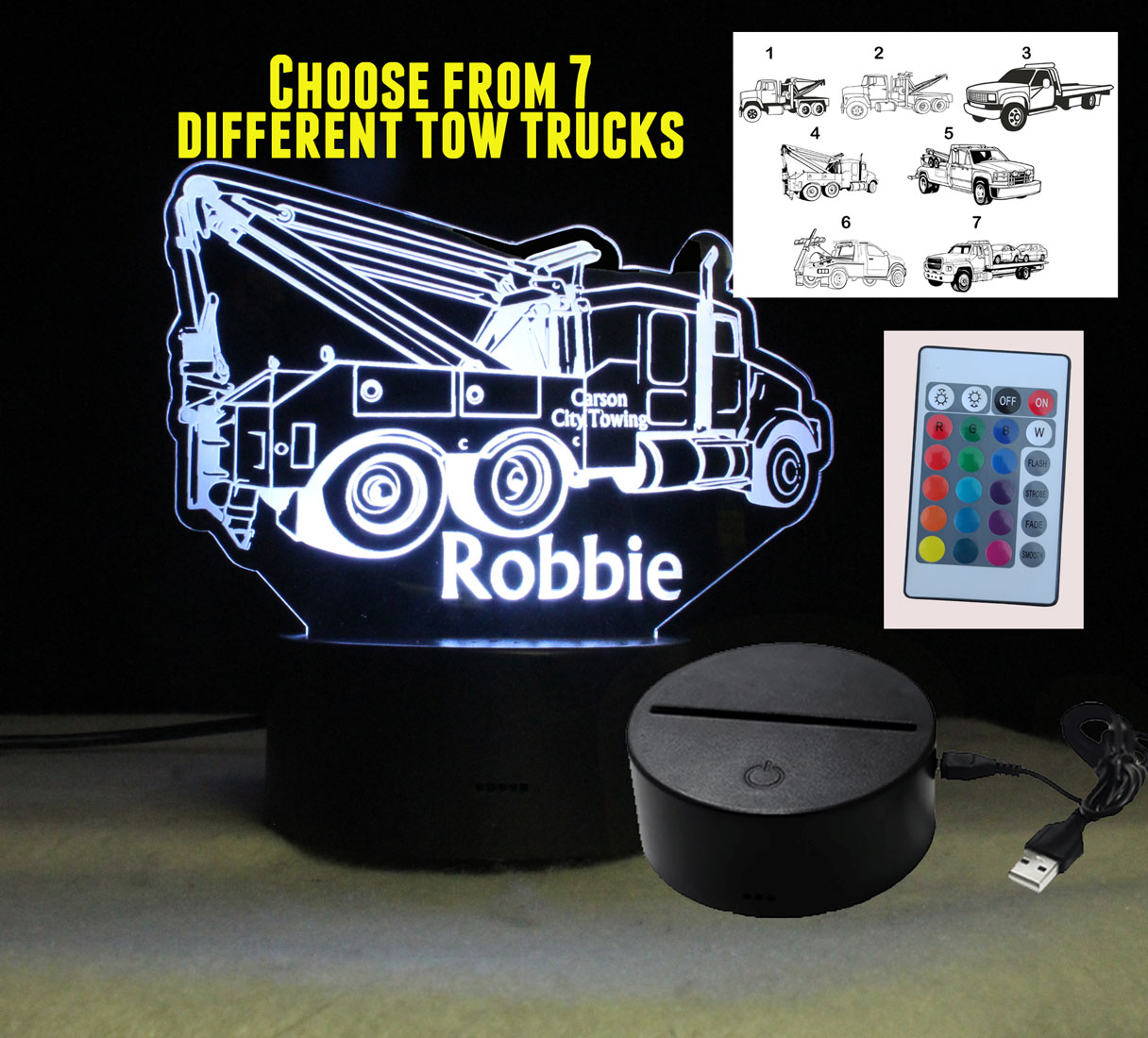 Customizable Personalized Tow Truck night light LED, USB/110V/240V battery operated