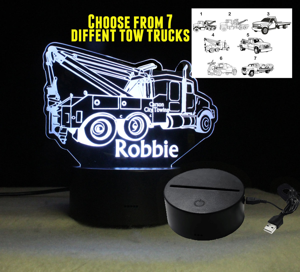 Customizable Personalized Tow Truck night light LED, USB/110V/240V battery operated