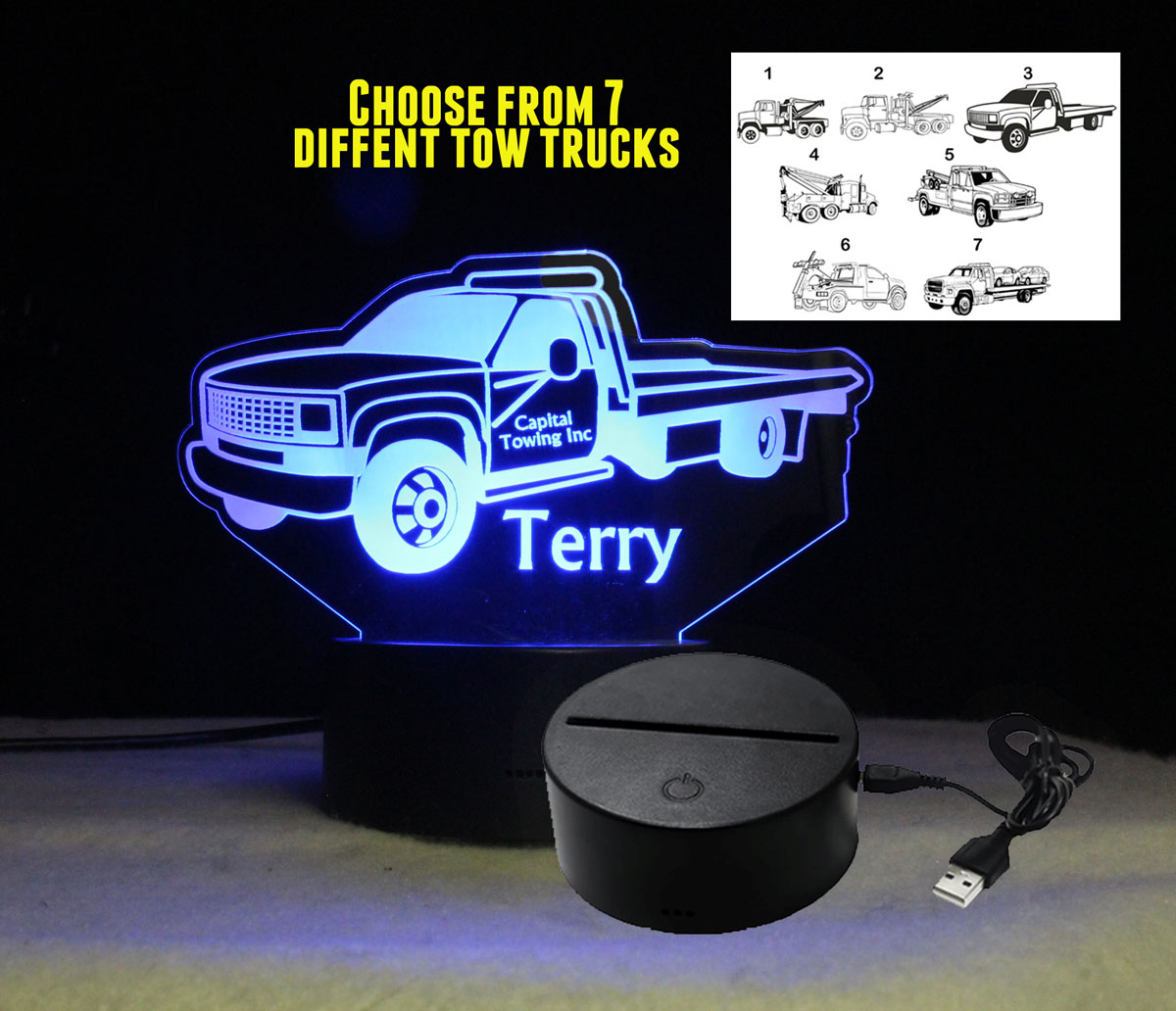 Customizable Tow Truck night light, Personalized USB/110V/240V battery operated