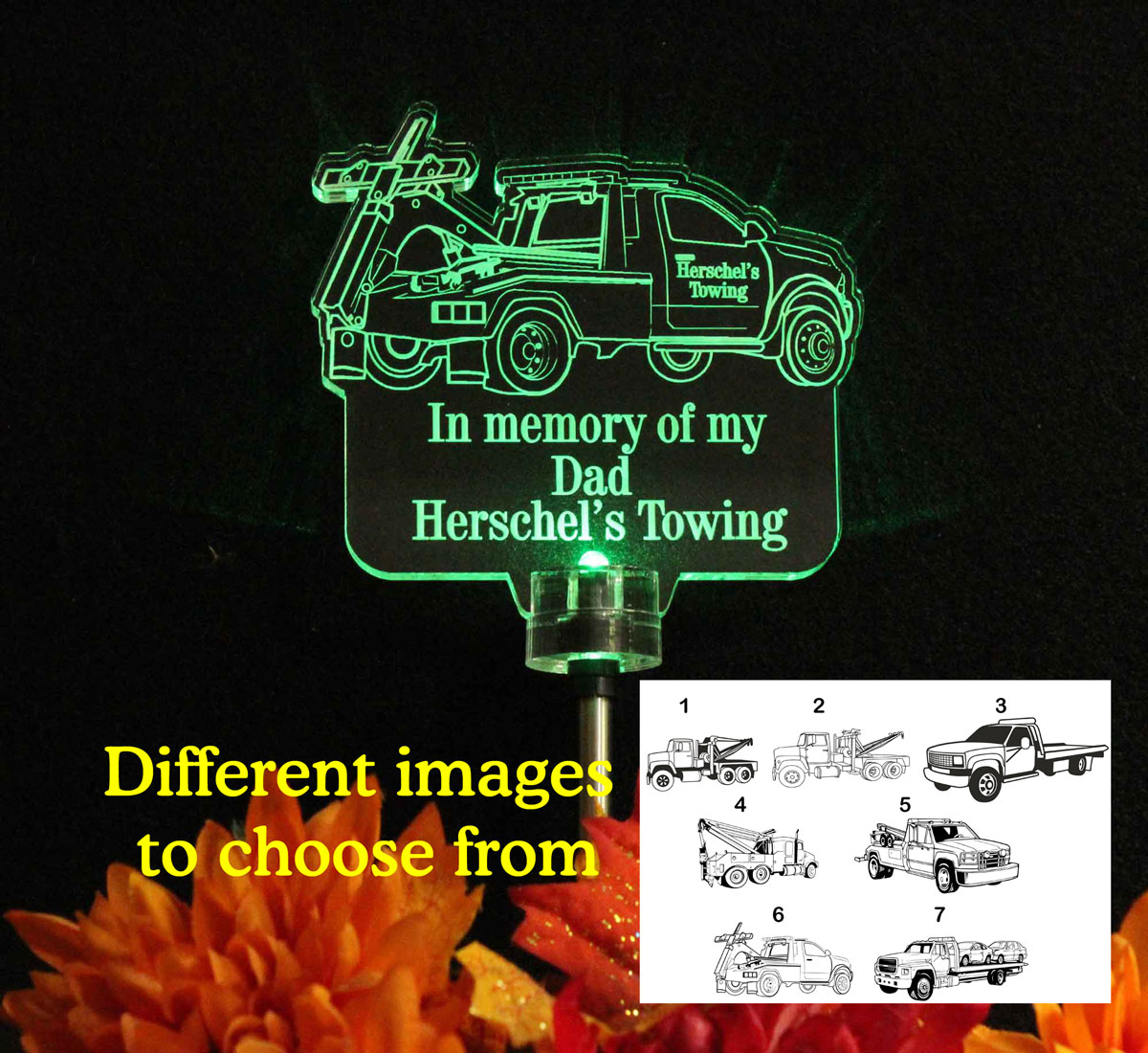 Personalized Tow Truck Solar Light, Grave Marker, Garden Light