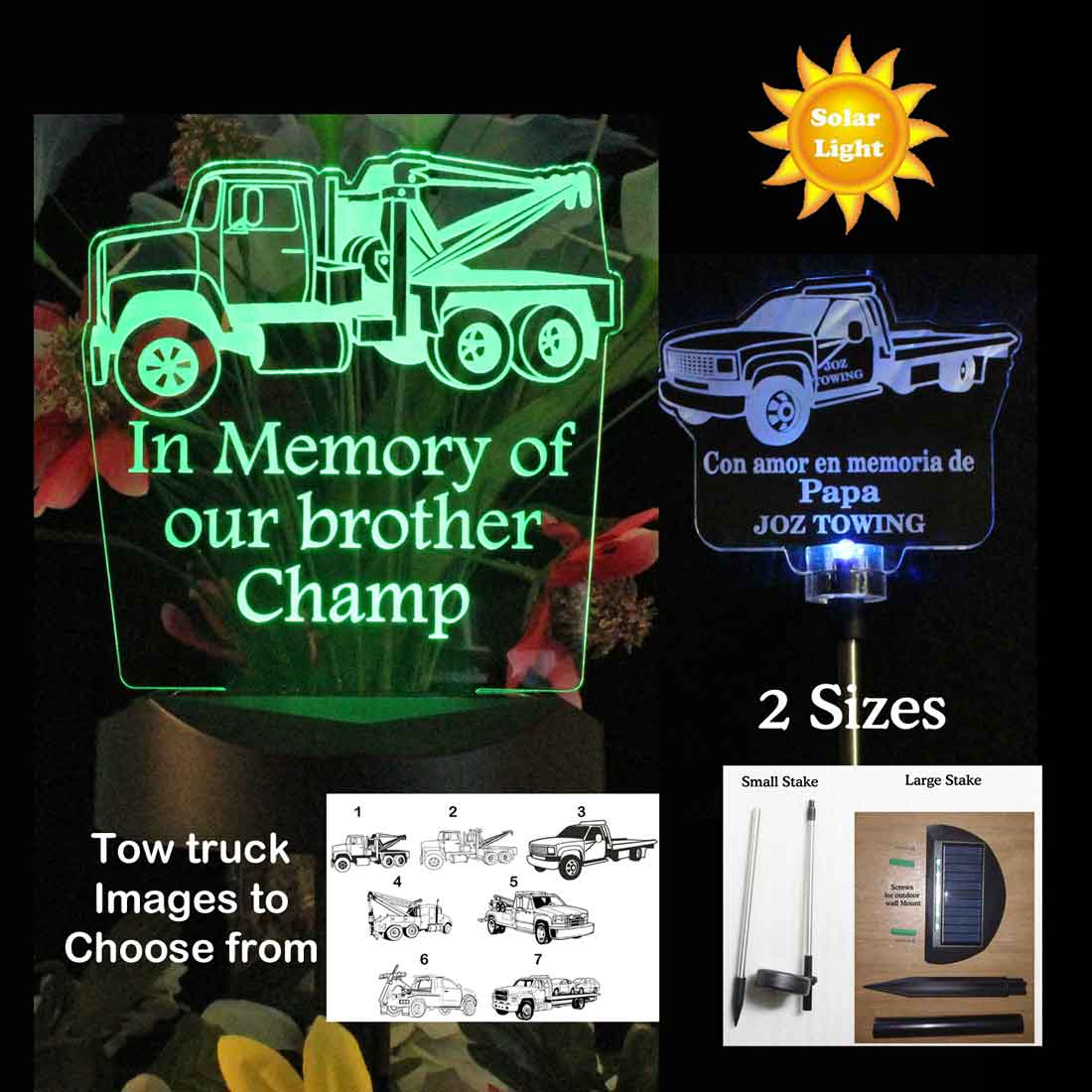 Personalized Tow Truck Grave Marker Solar Light, Garden Light