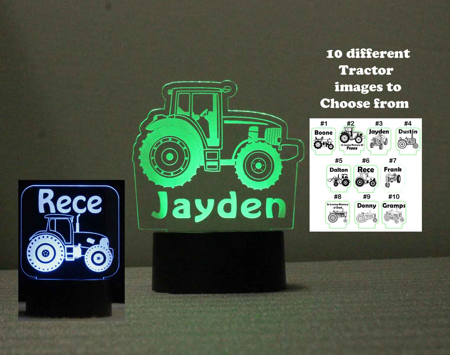 Customizable Personalized Tractor night light LED, USB/110V/240V battery operated