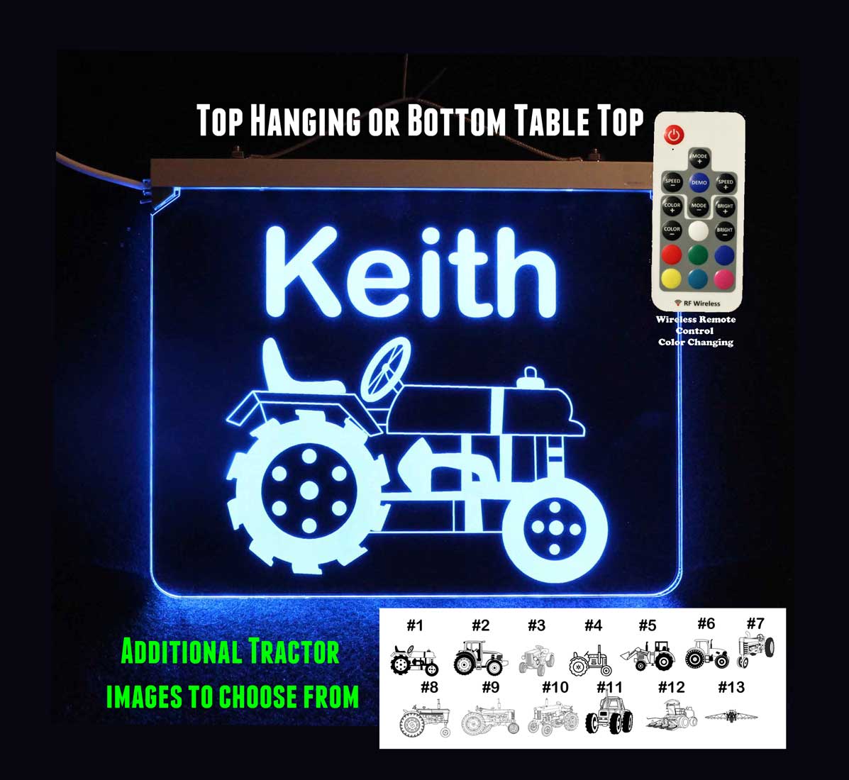 Tractor Sign, Personalized Color Changing Acrylic LED Sign
