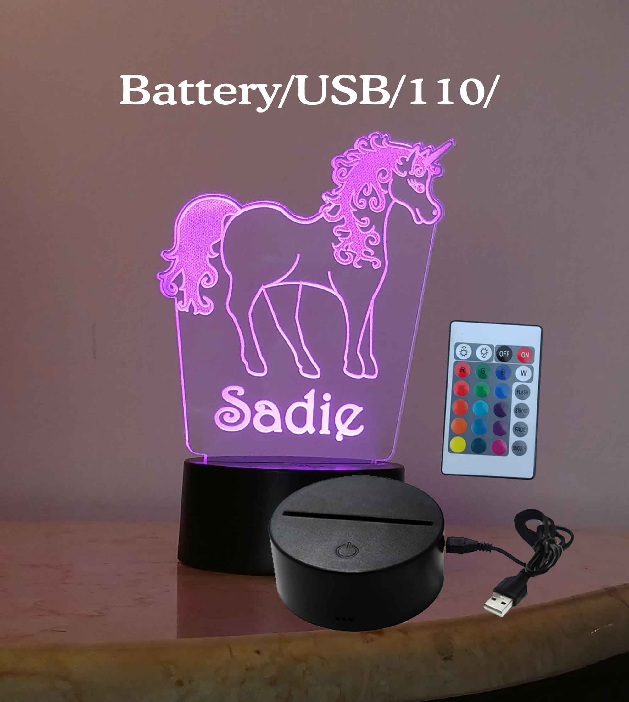 Personalized USB/110V/240V battery operated Unicorn night light