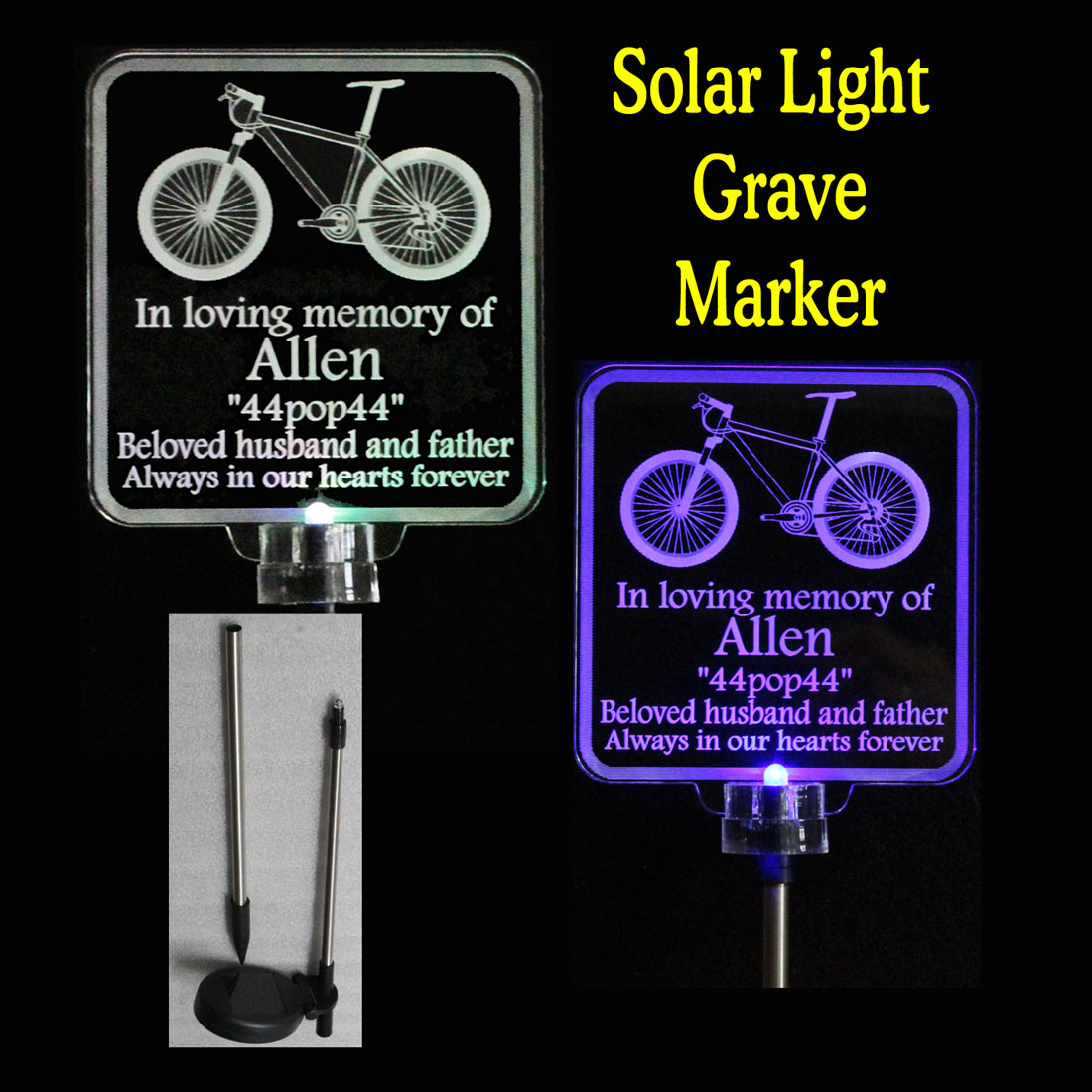 Bicycle Cemetery marker, Bike solar light grave marker, personalized