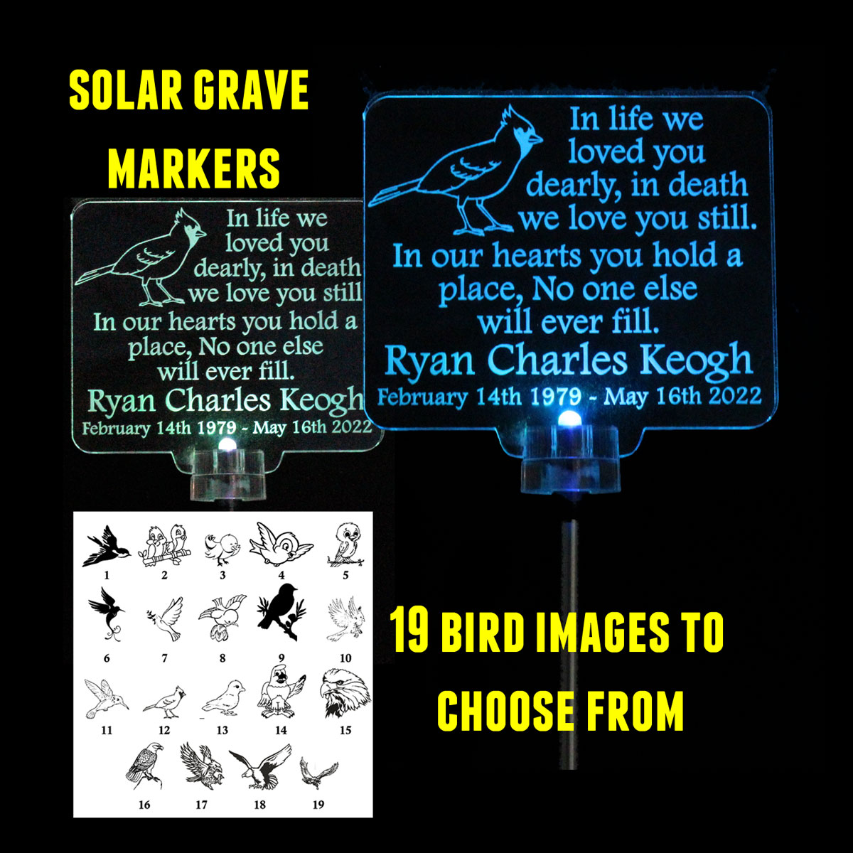 Personalized Bird Solar Light, Grave Marker, Garden light, memorial plaque