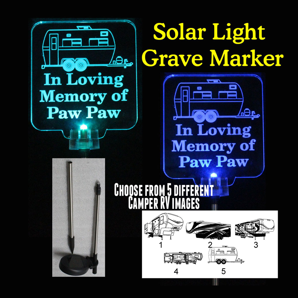 Camper RV Cemetary marker solar light grave marker, memorial plaque,  personalized