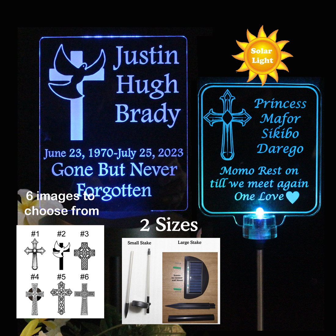 Cross Dove Personalized solar grave marker light, Memorial Plaque