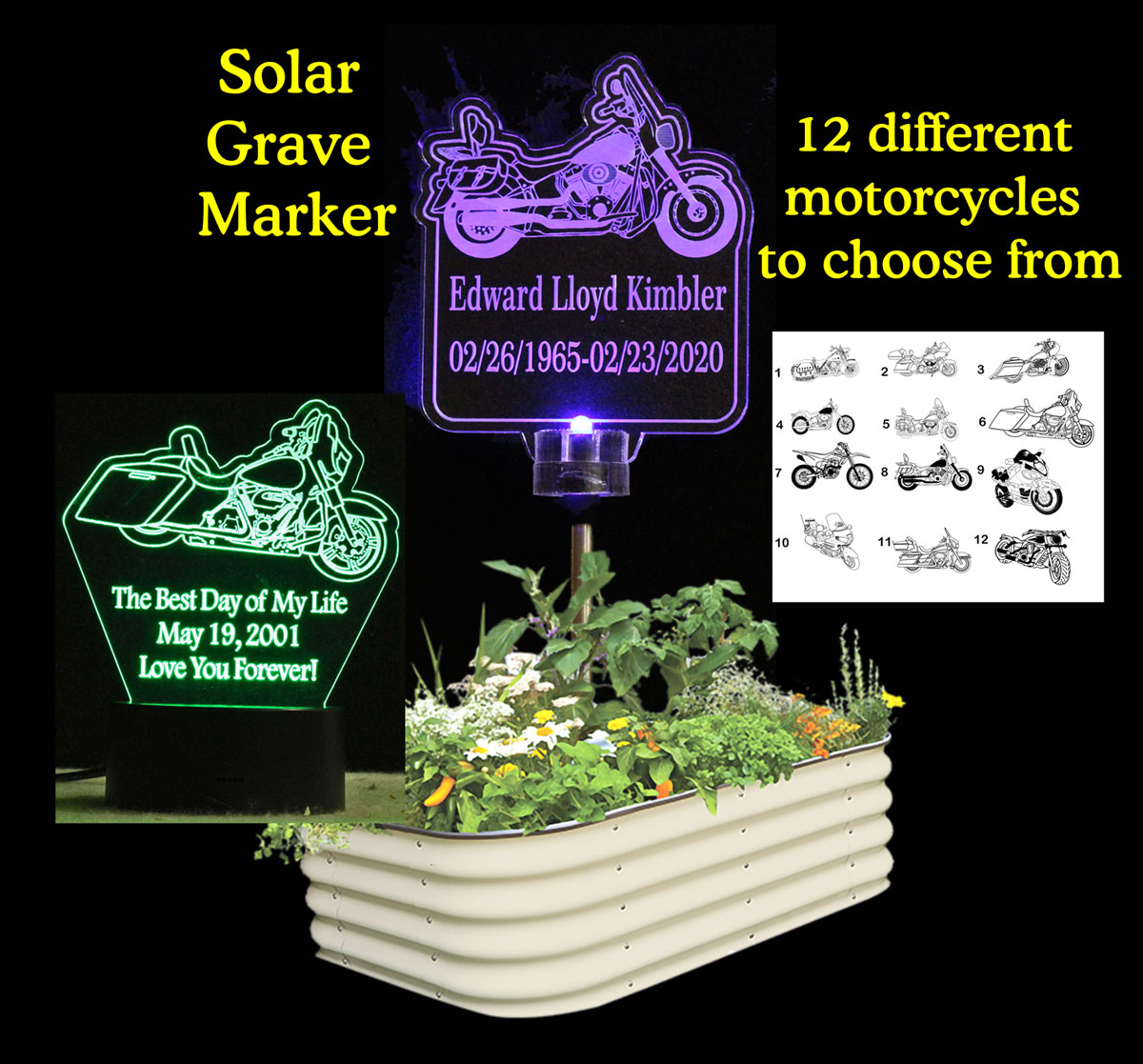 Motorcycle Solar Light Personalized Memorial Plaque, Grave Marker