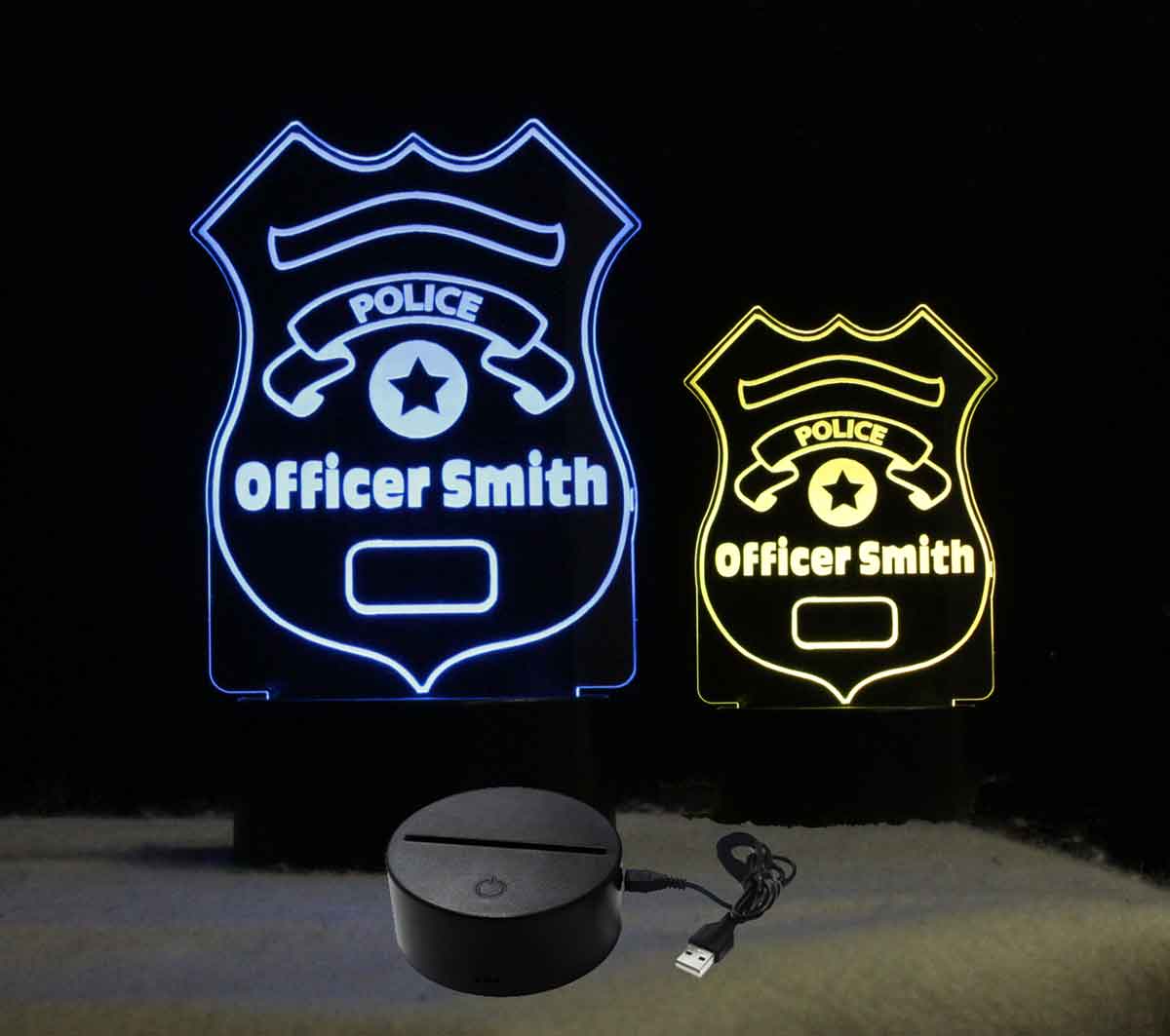 Personalized Police Badge Night Light - USB - 110V - Battery - Policeman
