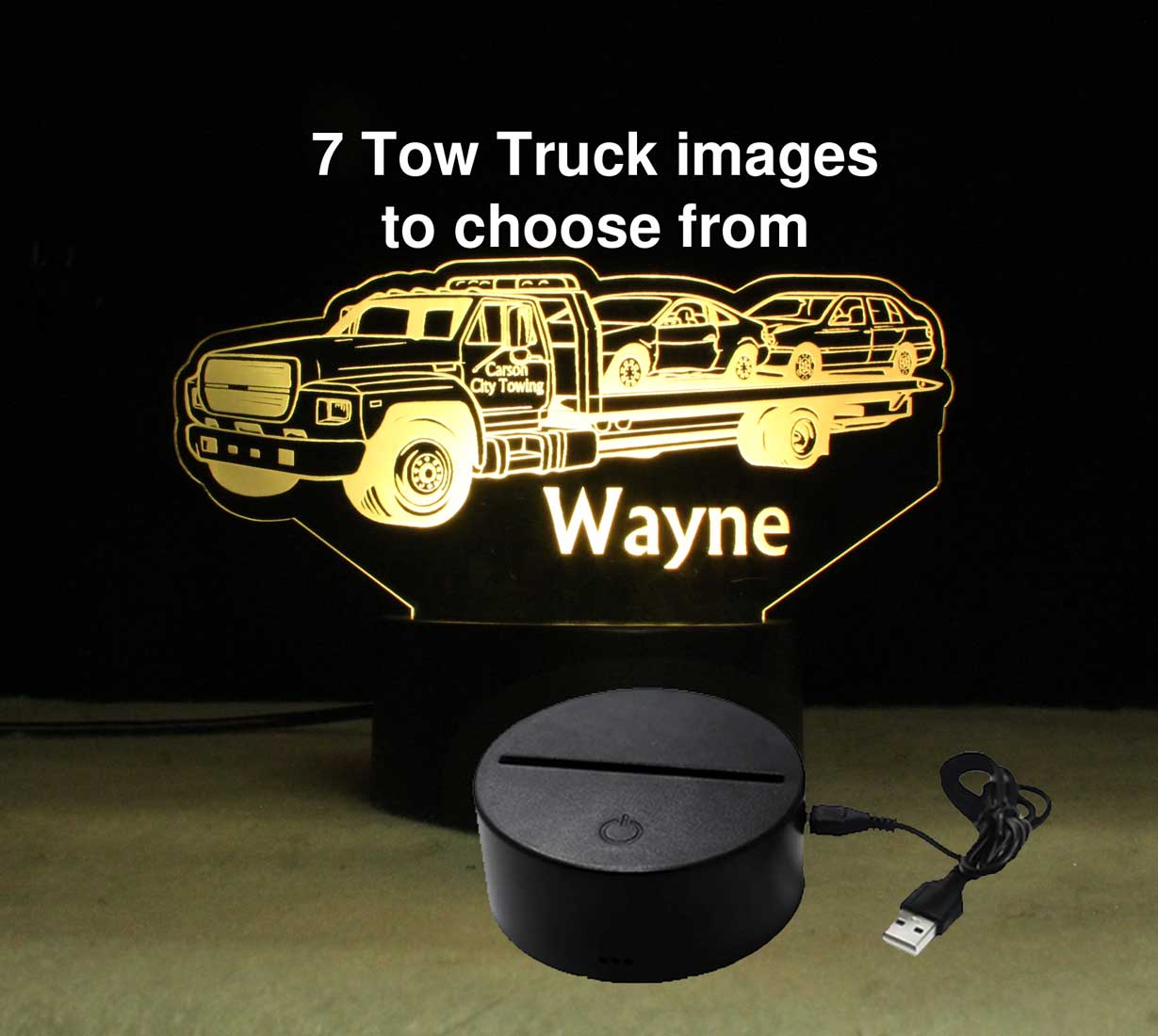 Personalized Tow Truck night light, USB/110V/240V battery operated